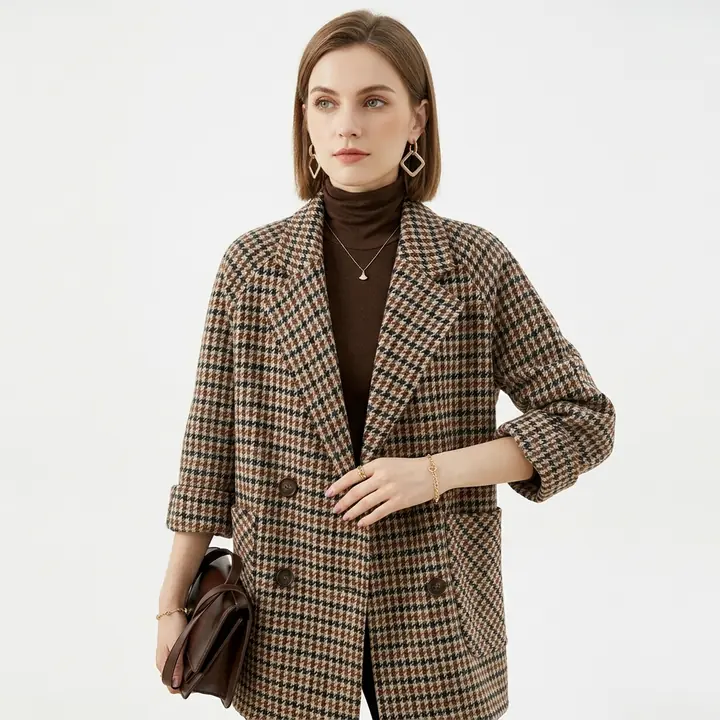 AI product photo: brown houndstooth women's blazer, studio