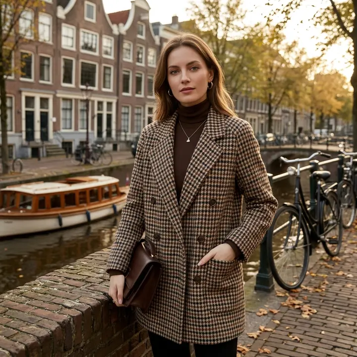 AI product photo: brown houndstooth women's blazer, on location
