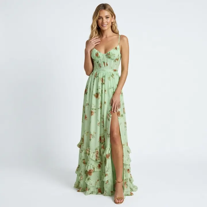 AI product photo: green floral maxi dress, studio