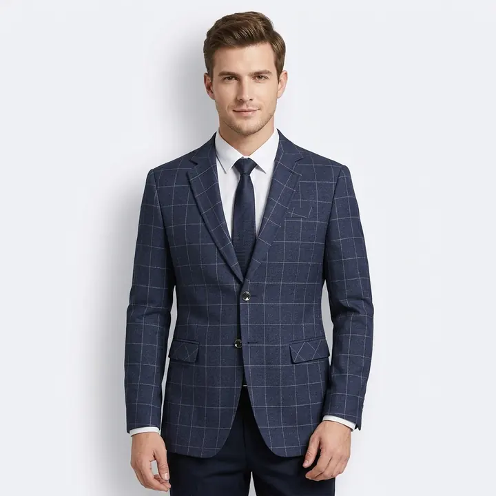 AI product photo: navy check men's blazer, studio
