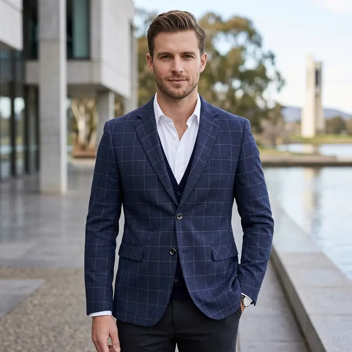 AI product photo: navy check men's blazer, on location