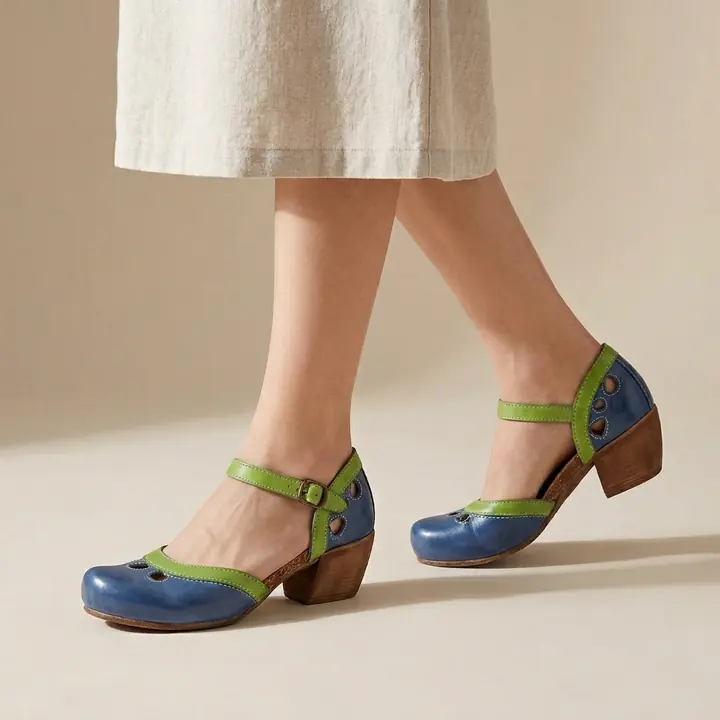 AI product photo: blue and green leather sandals, studio