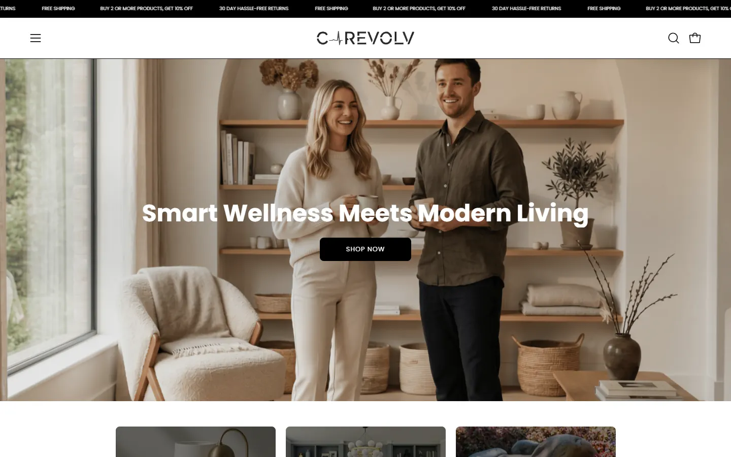 Homepage of carevolv.com, a wellness and home store I've worked on