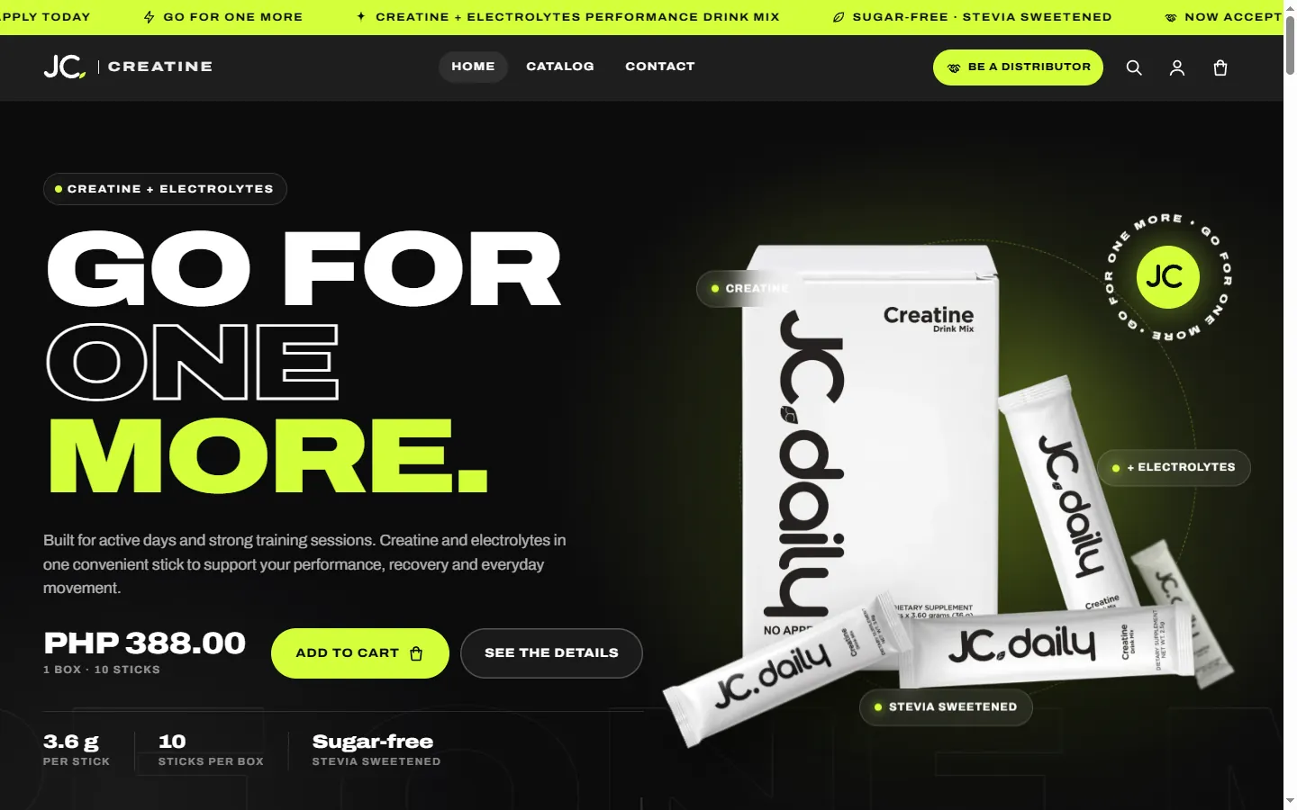 Homepage of jcdailycreatine.com, a creatine drink mix store I built