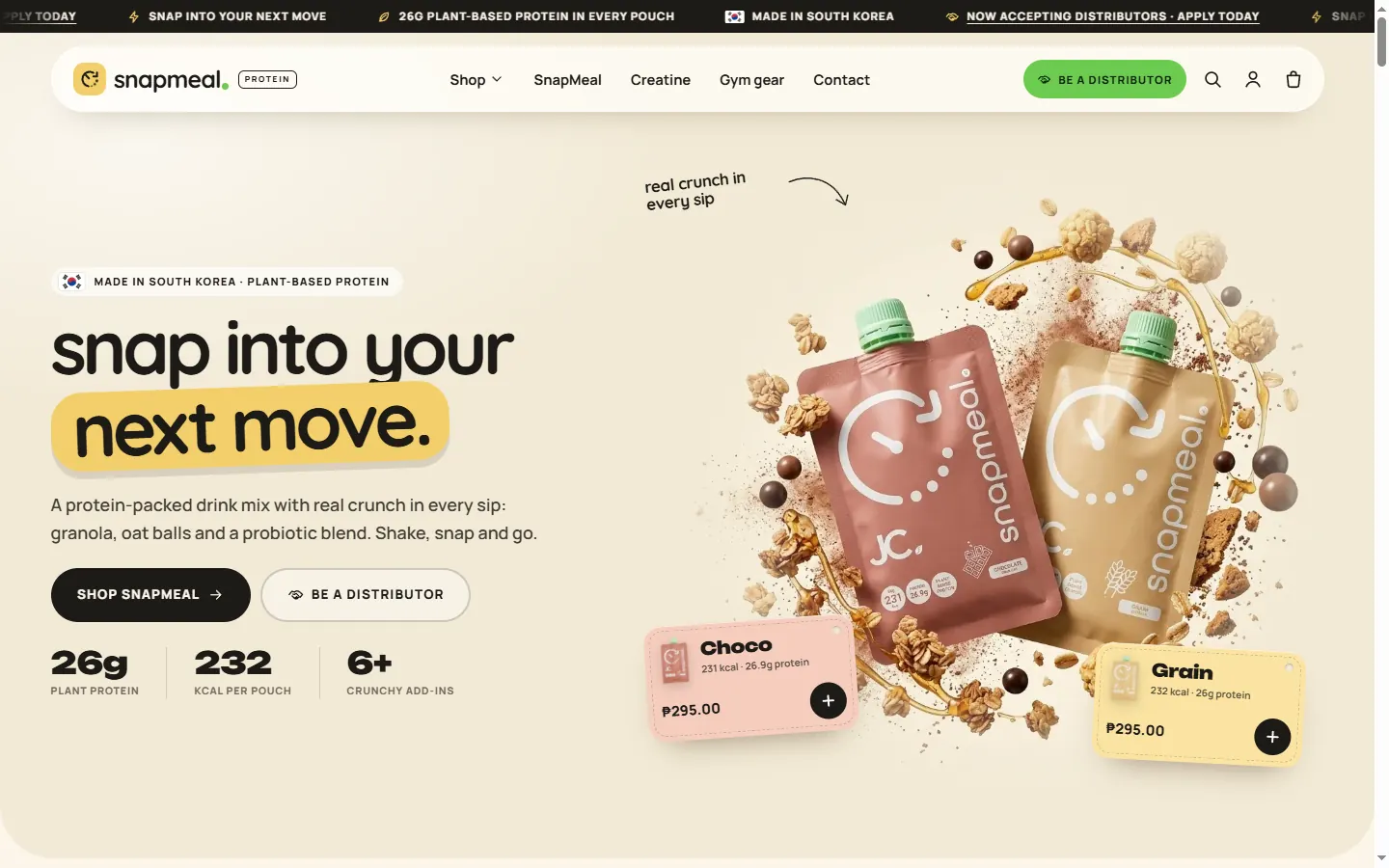 Homepage of snapmealprotein.com, a protein drink store I built