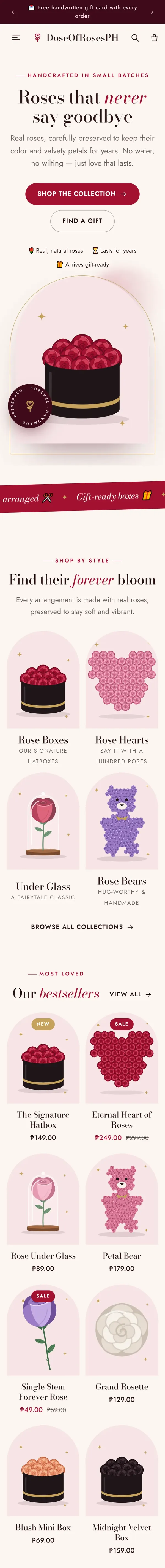 Homepage of the Dose of Roses PH store on mobile