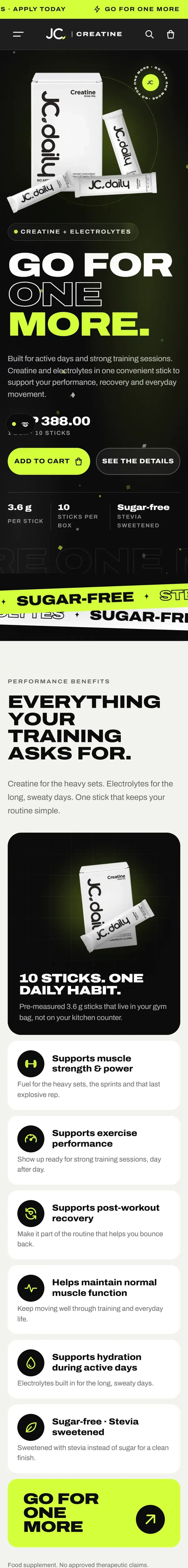 Homepage of jcdailycreatine.com on mobile