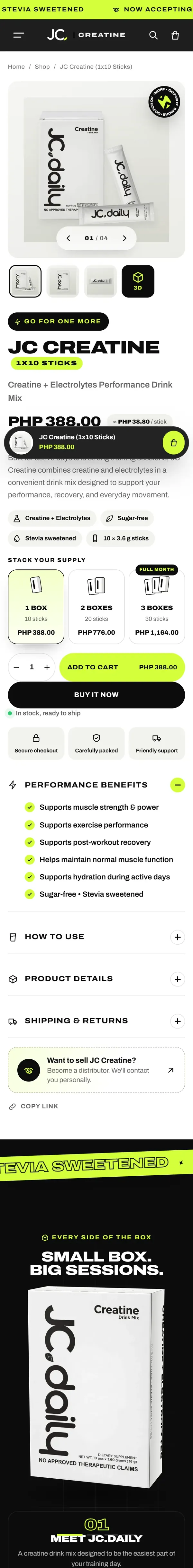 Product page for JC Creatine on mobile