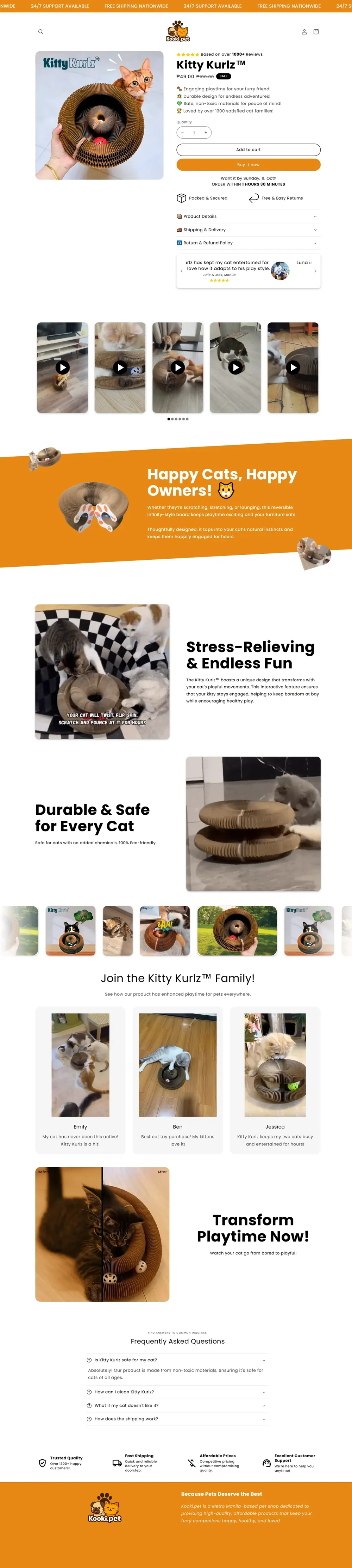 Kitty Kurlz product page on the Kooki Pet store, desktop