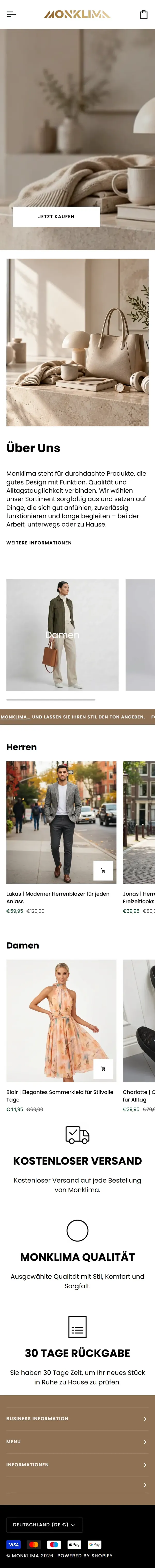 Full homepage of monklima.com on mobile