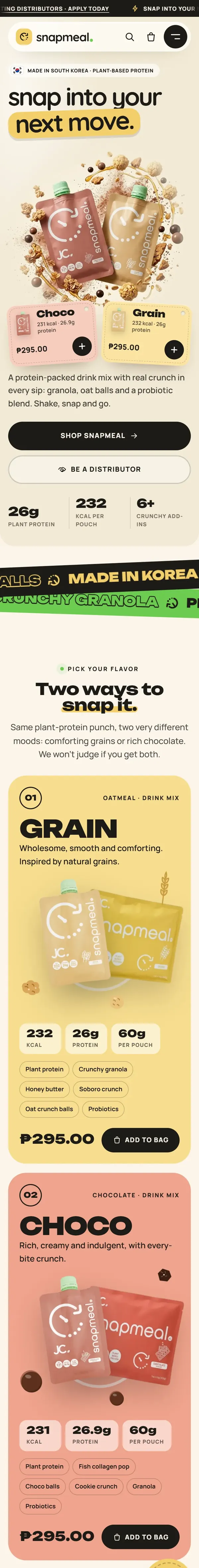 Homepage of snapmealprotein.com on mobile