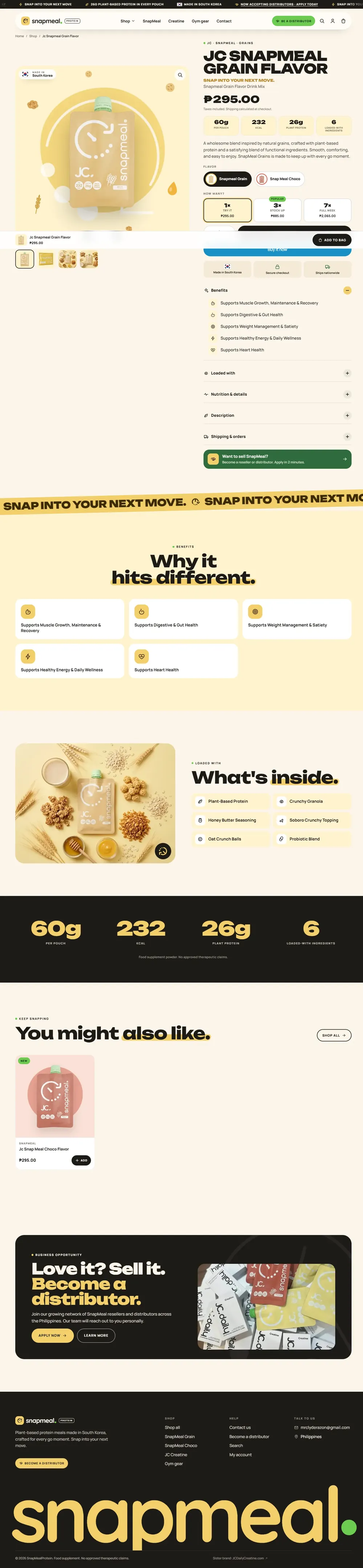 Product page for JC SnapMeal Grain Flavor on desktop