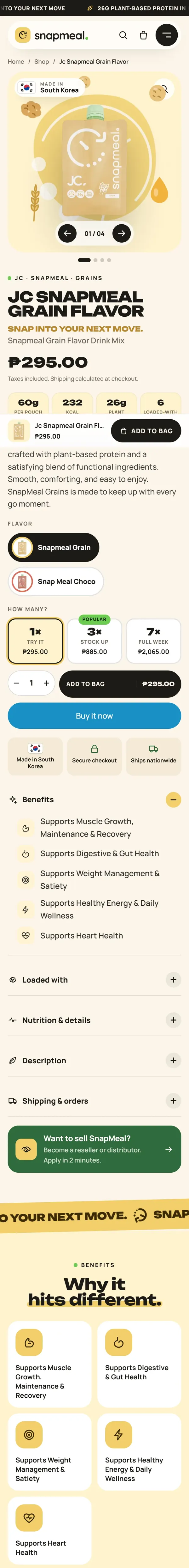 Product page for JC SnapMeal Grain Flavor on mobile