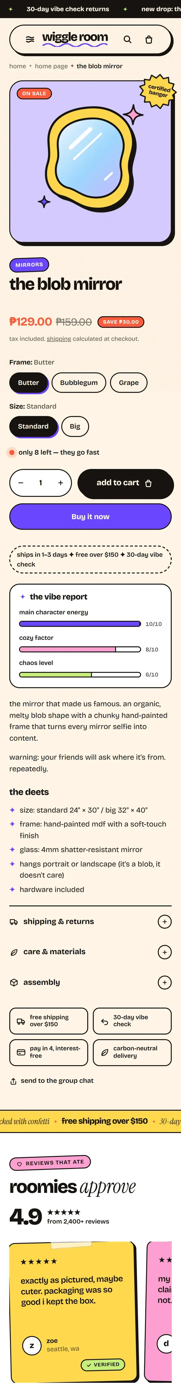 The Blob Mirror product page on the Wiggle Room store, mobile